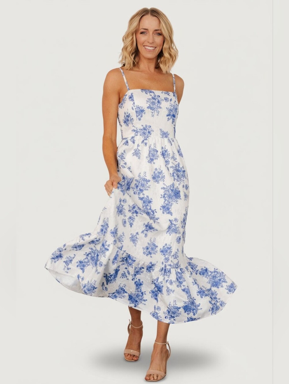 Baltic Born White Maxi Dress with Blue Floral Print